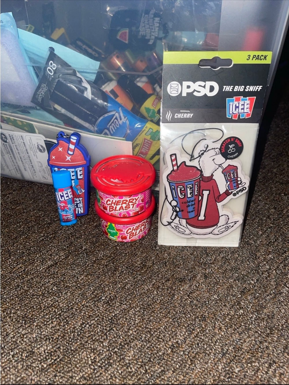 PSD Cherry Icee Air Fresheners /Cherry Blast fiber cans / Icee lip balm keychain